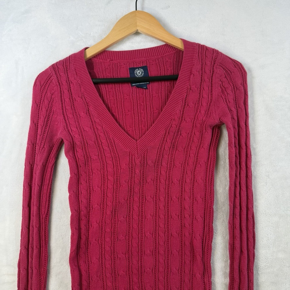 Vintage 2011 Yk2 Preppy American Eagle Pink Cable knit V-Neck Sweater Size XS